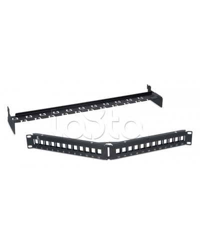 Патч-панель угловая модульная 19, 1U, 24 порта RJ-45, для неэкранированных модулей, с задним кабельным организатором (без модулей) Cabeus PLB-24-CON в Домодедово Патч панель Pintop.ru