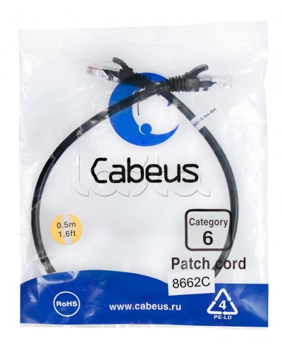 Патч-корд UTP, категория 6, 0.5 м, неэкранированный, черный Cabeus PC-UTP-RJ45-Cat.6-0.5m-BK в Домодедово Патчкорды (медные) Pintop.ru
