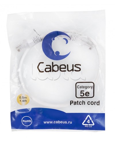 Патч-корд UTP, категория 5e, 0.5 м, неэкранированный, белый Cabeus PC-UTP-RJ45-Cat.5e-0.5m-WH в Домодедово Патчкорды (медные) Pintop.ru