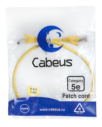 Патч-корд UTP, категория 5e, 0.5 м, неэкранированный, желтый Cabeus PC-UTP-RJ45-Cat.5e-0.5m-YL в Домодедово Патчкорды (медные) Pintop.ru