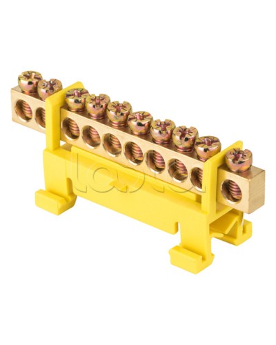 Шина 0 PE (6х9мм) 10 отверстий латунь желтый изолятор тип Стойка на DIN-рейку EKF PROxima (sn0-63-10-sy) в Домодедово Клеммные колодки Pintop.ru