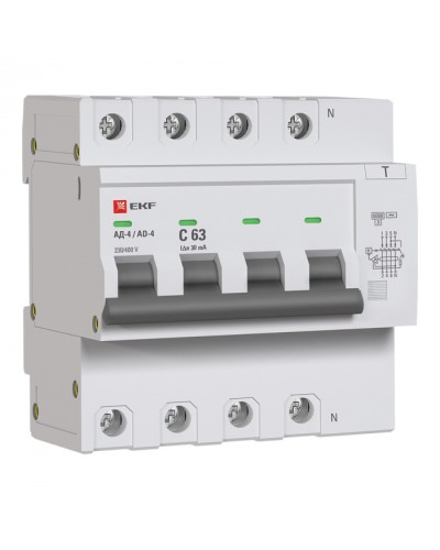 Дифференциальный автомат АД-4 63А/ 30мА (хар. C, AC, электронный) 6кА EKF PROxima (DA4-6-63-30-pro) в Домодедово Электротехническое оборудование Pintop.ru