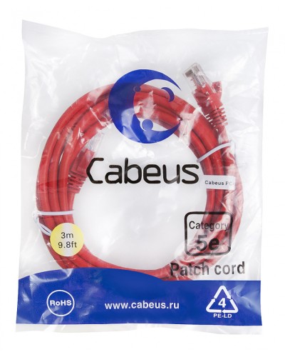 Патч-корд медный U/UTP кат.5е (3м) LSZH (красный) Cabeus (PC-UTP-RJ45-Cat.5e-3m-RD-LSZH) в Домодедово Патч-корды и пигтейлы Pintop.ru