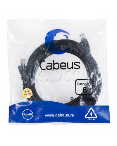 Патч-корд UTP, категория 6, 5 м, неэкранированный, черный Cabeus PC-UTP-RJ45-Cat.6-5m-BK в Домодедово Патчкорды (медные) Pintop.ru