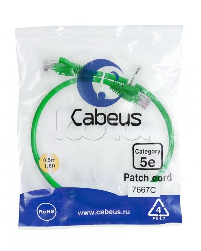 Патч-корд UTP, категория 5e, 0.5 м, неэкранированный, зеленый Cabeus PC-UTP-RJ45-Cat.5e-0.5m-GN в Домодедово Патчкорды (медные) Pintop.ru