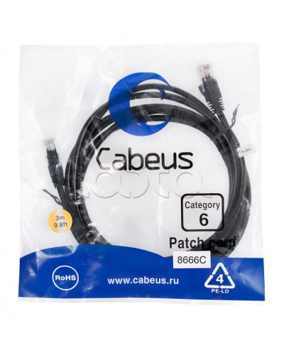 Патч-корд UTP, категория 6, 3 м, неэкранированный, черный Cabeus PC-UTP-RJ45-Cat.6-3m-BK в Домодедово Патчкорды (медные) Pintop.ru