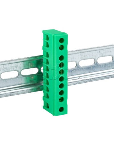 Шина 0 PE (6х9мм) 10 отверстий латунь зеленый изолированный корпус на DIN-рейку EKF PROxima (sn0-63-10-ig) в Домодедово Клеммные колодки Pintop.ru