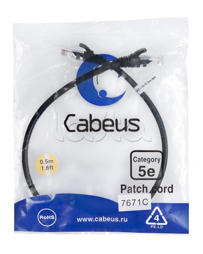 Патч-корд UTP, категория 5e, 0.5 м, неэкранированный, черный Cabeus PC-UTP-RJ45-Cat.5e-0.5m-BK в Домодедово Патчкорды (медные) Pintop.ru