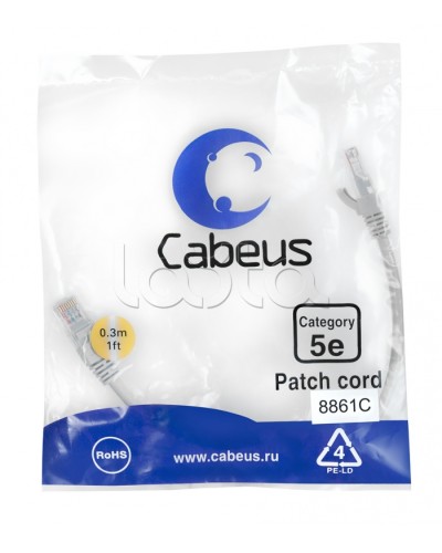 Патч-корд медный U/UTP кат.5е (0,3м) LSZH (белый) Cabeus (PC-UTP-RJ45-Cat.5e-0.3m-WH-LSZH) в Домодедово Патчкорды (медные) Pintop.ru