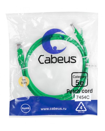 Патч-корд медный U/UTP кат.5е (1м) LSZH (зеленый) Cabeus (PC-UTP-RJ45-Cat.5e-1m-GN-LSZH) в Домодедово Патчкорды (медные) Pintop.ru