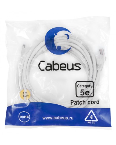 Патч-корд медный U/UTP кат.5е (5м) LSZH (белый) Cabeus (PC-UTP-RJ45-Cat.5e-5m-WH-LSZH) в Домодедово Патчкорды (медные) Pintop.ru