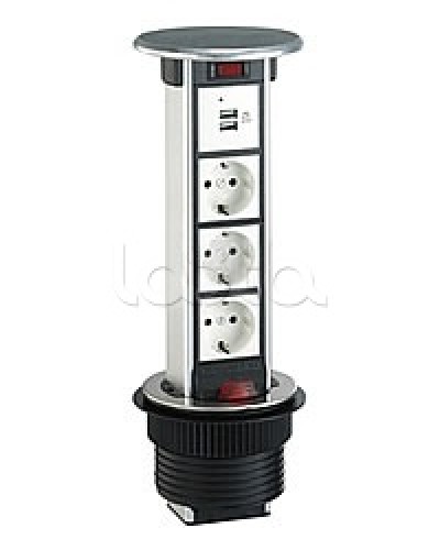 Блок розеточный встраеваемый в стол, 4 поста (45х45) IP54, с выключателем нагрузки (алюм+латунь) Экопласт 70344 в Домодедово Блоки розеток Pintop.ru